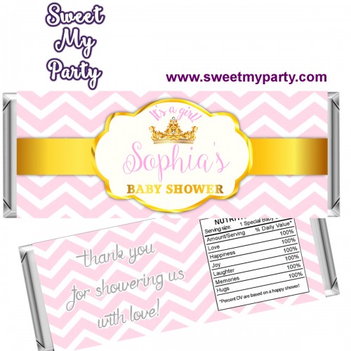 Pink and Gold Crown Baby Shower candy bar wrappers,(002bsp)